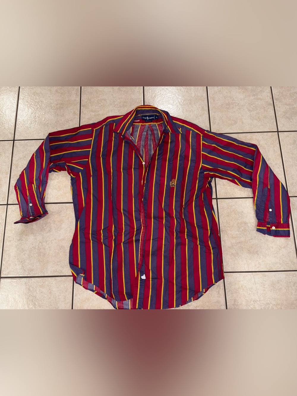 Vintage Ralph Lauren Men’s Burgundy, Navy & Yellow Striped Button-Down Shirt